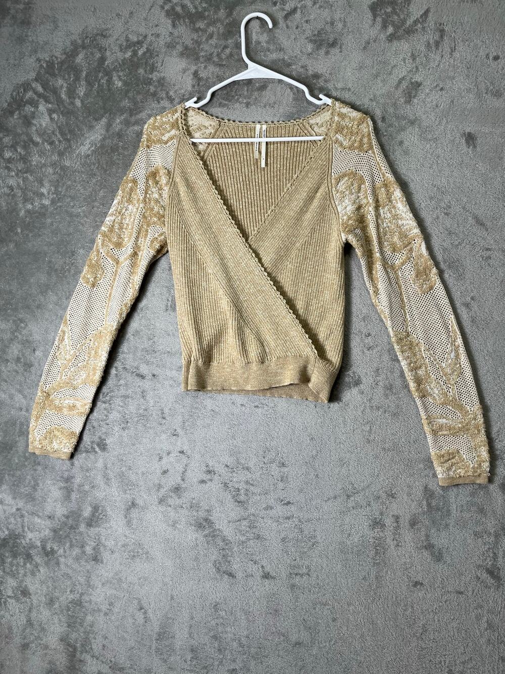 Anthropologie Gold Metallic Knit Surplice Wrap Top Sheer Lace Sleeve Balletcore